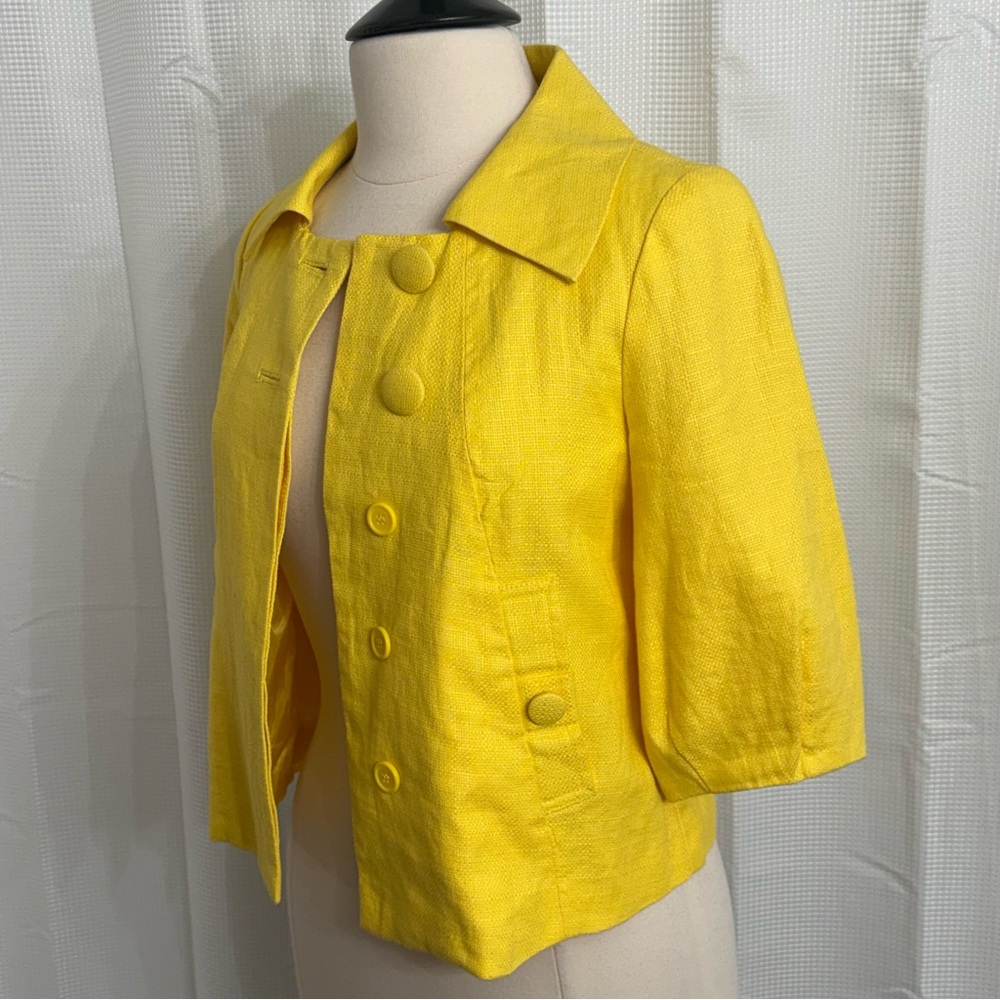 H&M Women's Vintage Style Textured Weave 3/4 Sleeve Cropped Jacket, Yellow, Sz 6 - Picture 4 of 10